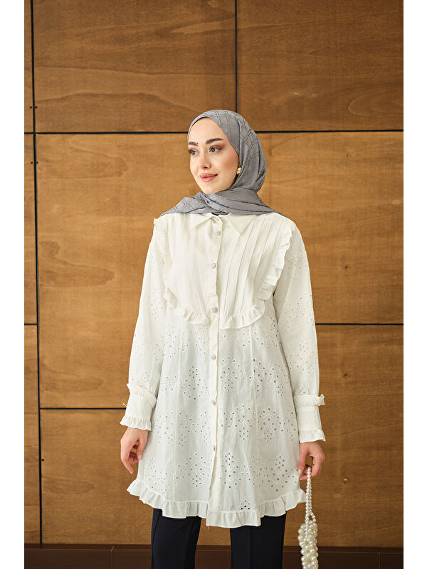 Locco Moda Kadın Pile Ve Brode Detay Gömlek Beyaz