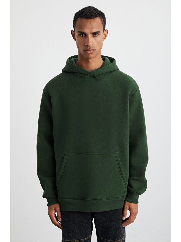 GRIMELANGE Cartmel Erkek Organik Kumaşlı İçi Polarlı Yumuşacık  Kanguru Cepli Kapüşonlu KOYU YEŞİL Sweatshirt