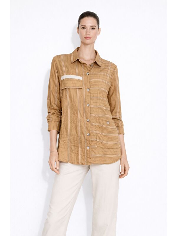 Mizalle İnce Çizgili Camel Cepli Tunik Gömlek