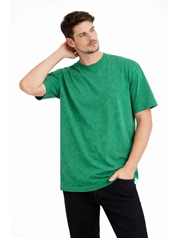 Jane's Erkek Asit Yıkama Bisiklet Yaka Kısa Kollu Oversize T-Shirt Tişört - Yeşil