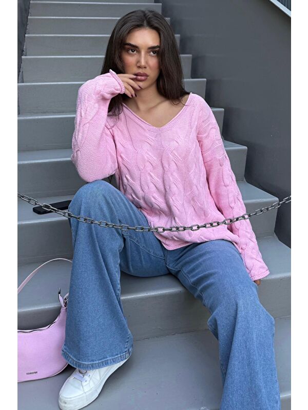 Madmext Pembe V Yaka Örgü Desen Oversize Kadın Kazak Mg2519