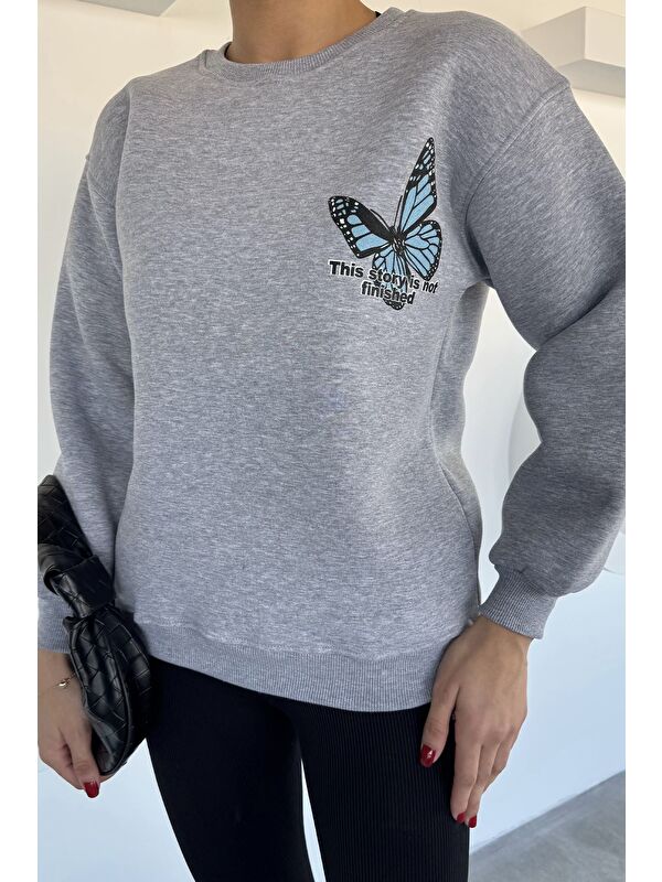Gülseli Kadın Ön Ve Sırt Kelebek Baskılı Üç İplik Şardonlu Bisiklet Yaka Sweatshirt