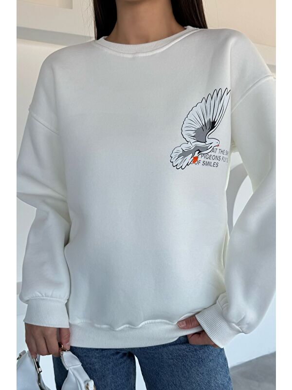 Gülseli Kadın Ön Ve Sırt Baskılı Bisiklet Yaka Üç İplik Şardonlu Sweatshirt