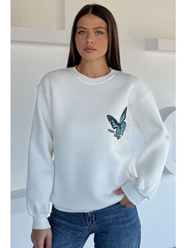 Gülseli Kadın Ön Ve Sırt Kelebek Baskılı Üç İplik Şardonlu Bisiklet Yaka Sweatshirt