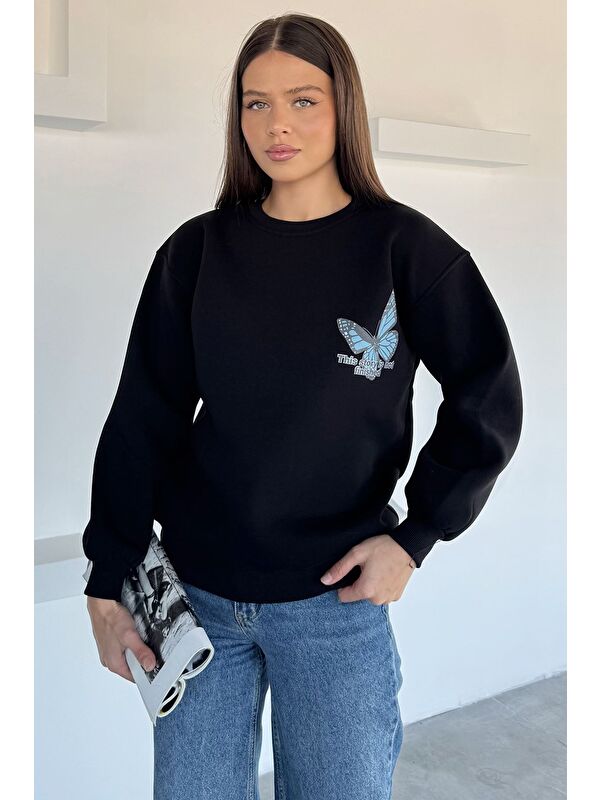 Gülseli Kadın Ön Ve Sırt Kelebek Baskılı Üç İplik Şardonlu Bisiklet Yaka Sweatshirt