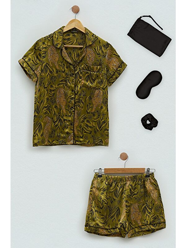 For You Moda 5'Li Saten Kaplan Desen Yeşil Pijama Şort Takım