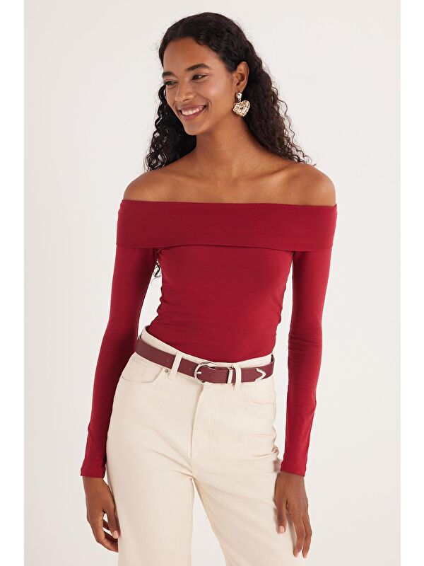 TUDORS Kadın Slim Fit Dar Kesim Uzun Kol Kayık Yaka Bordo Bluz