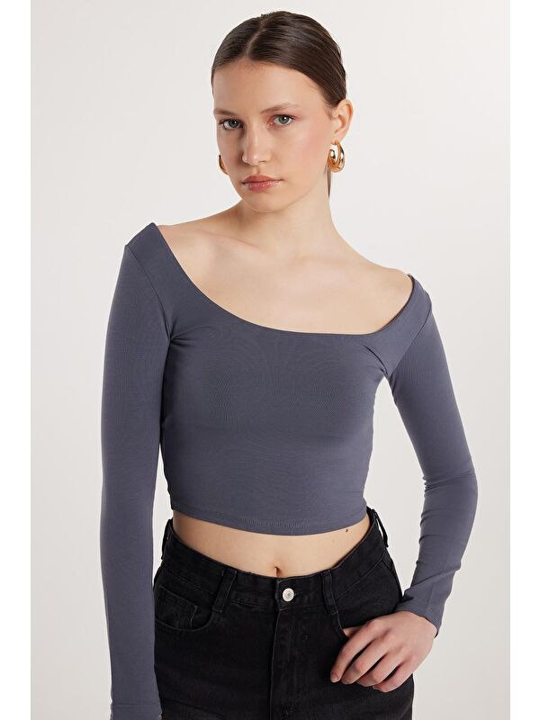 TUDORS Kadın Slim Fit Dar Kesim Pamuklu Kayık Yaka Antrasit Bluz