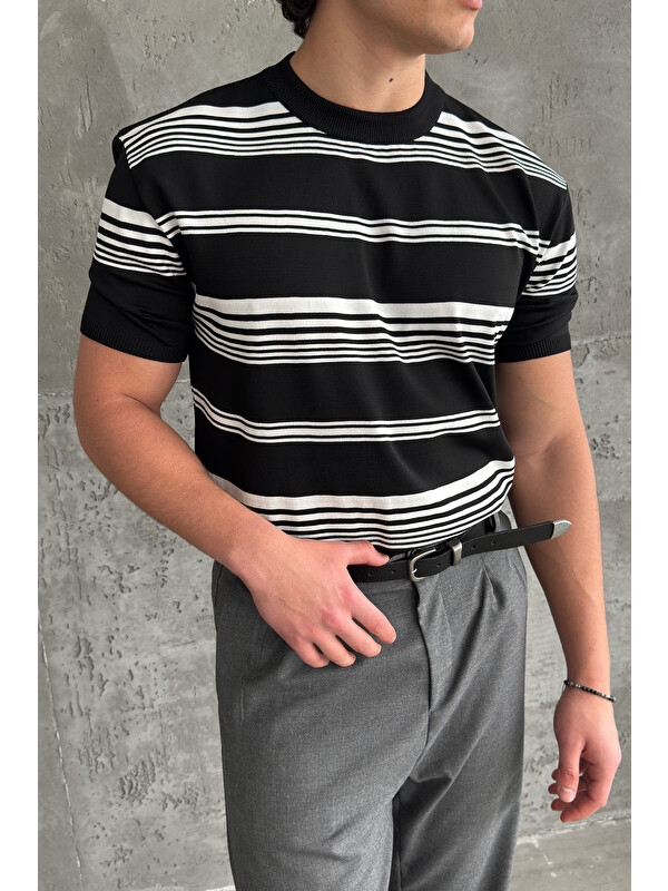 HYMAN Erkek Bisiklet Yaka Oversize Çizgili Triko T-shirt