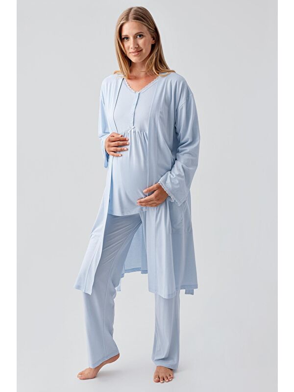 Artış Uzun Kollu Düğmeli Esnek Viskoz Hamile Sabahlık Pijama Takım 18302