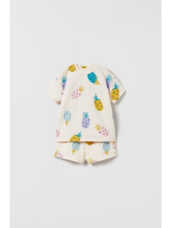 Magu Unisex Çocuk Pamuklu Ekru Ananas Desenli T-Shirt Şort Takım - Yazlık İkili Set