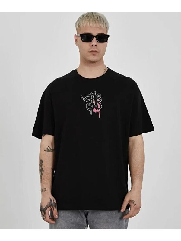 Jane's Unisex Bisiklet Yaka Baskılı Oversize T-Shirt - Siyah