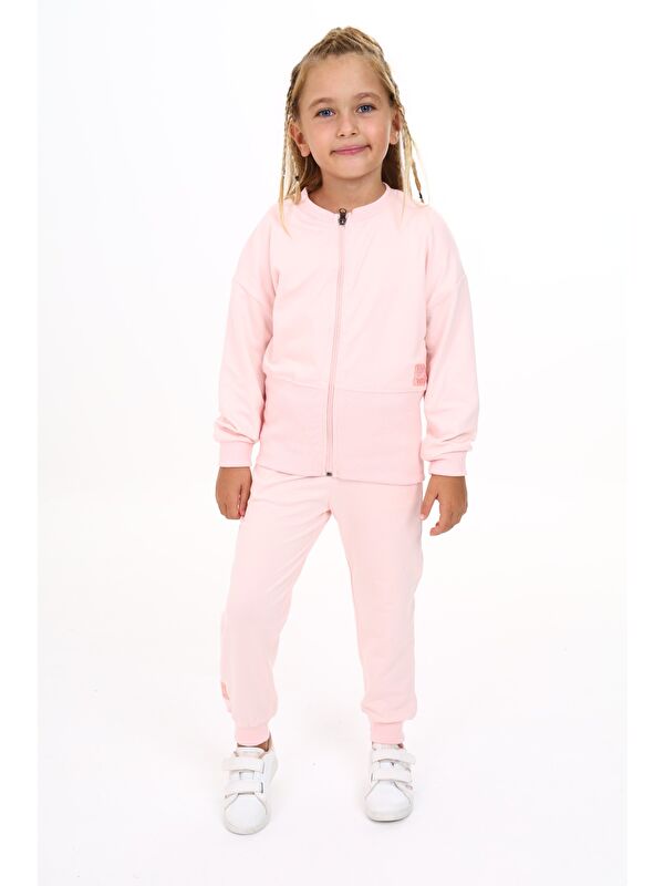 Toontoykids Kız Çocuk 2'li Takım Baskılı Bisiklet Yaka Fermuarlı Ribanalı Sweatshirt & Beli Paçası Ribanalı Jogg