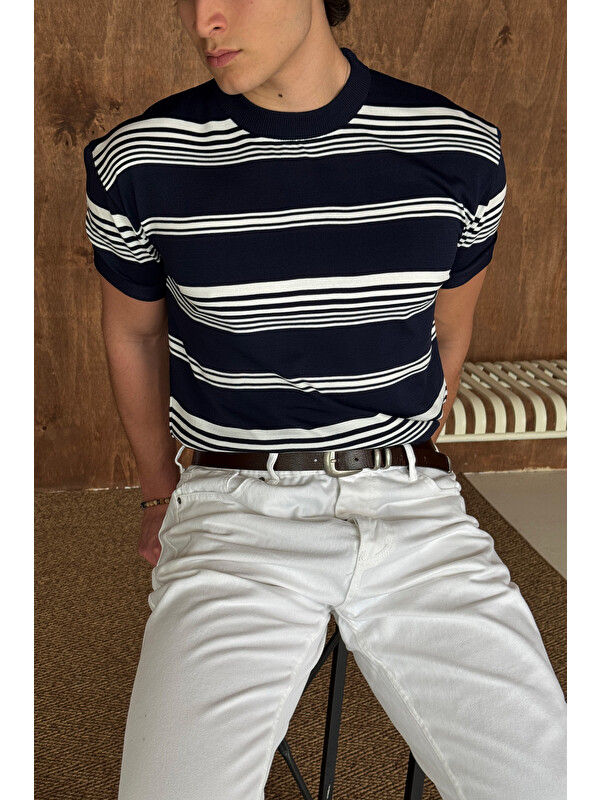 HYMAN Erkek Bisiklet Yaka Oversize Çizgili Triko T-shirt