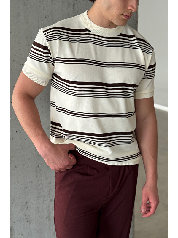 HYMAN Erkek Bisiklet Yaka Oversize Çizgili Triko T-shirt