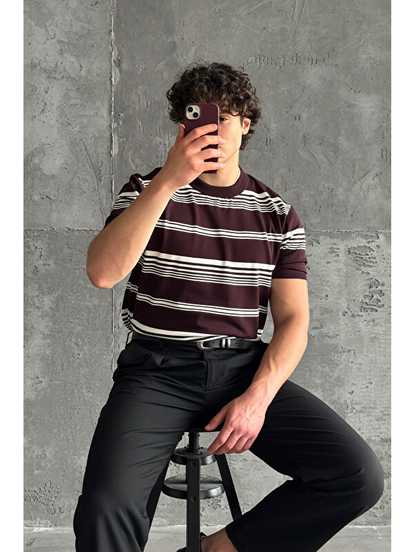 HYMAN Erkek Bisiklet Yaka Oversize Çizgili Triko T-shirt