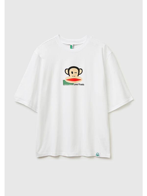 United Colors Of Benetton Erkek Beyaz  %100 Pamuk Paul Frank Baskılı Bisiklet Yaka T-Shirt