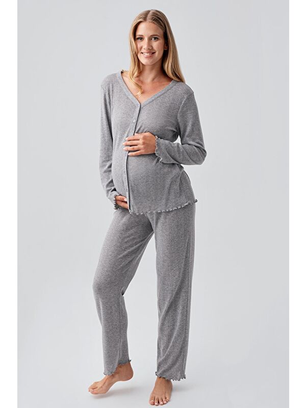 Artış Uzun Kollu Ajurlu Düğmeli Esnek Pamuklu Hamile Pijama Takım 18214