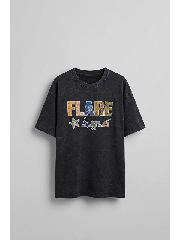 Abluka Online Erkek Oversize Patchwork Nakışlı T-Shirt Siyah