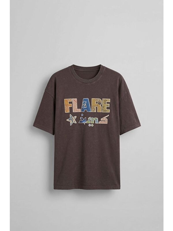 Abluka Online Erkek Oversize Patchwork Nakışlı T-Shirt Kahverengi