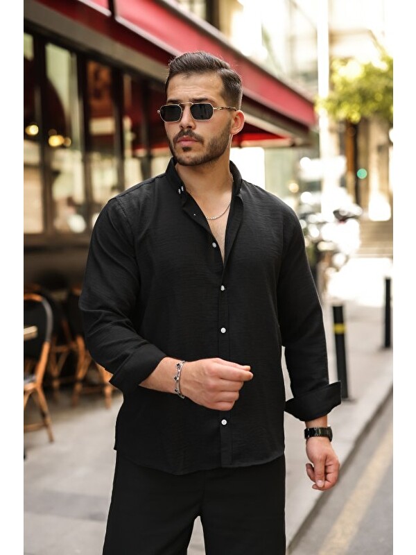 Jane's Erkek Uzun Kollu Beyaz Düğmeli Pera Keten Gömlek
