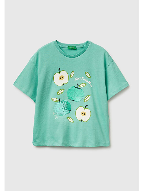 United Colors Of Benetton Kız Çocuk Mint Simli Grafik Baskılı Yuvarlak Yaka Oversize T-Shirt