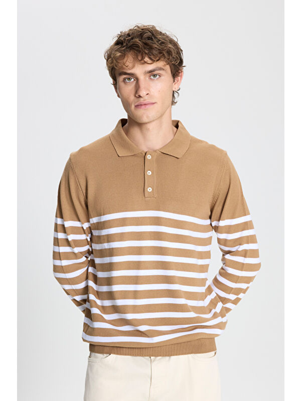Altınyıldız Classics Erkek VIZON-EKRU Standart Fit Normal Kesim Polo Yaka Çizgili Triko Kazak