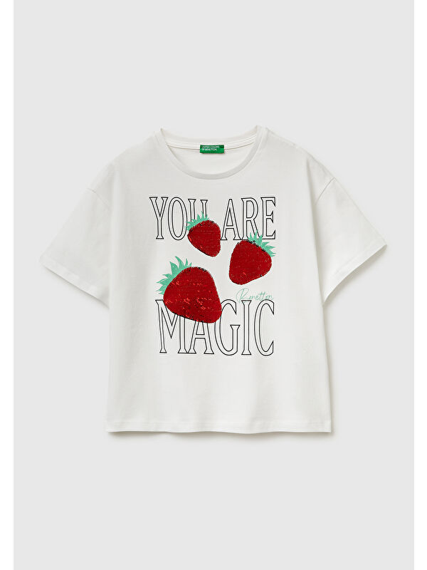 United Colors Of Benetton Kız Çocuk Beyaz Simli Grafik Baskılı Yuvarlak Yaka Oversize T-Shirt