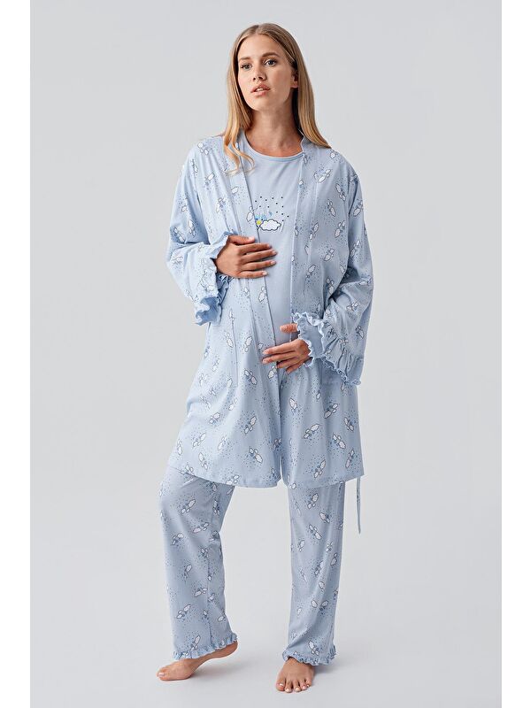 Artış Uzun Kollu Desenli Esnek Pamuklu Hamile Sabahlık Pijama Takım 18300