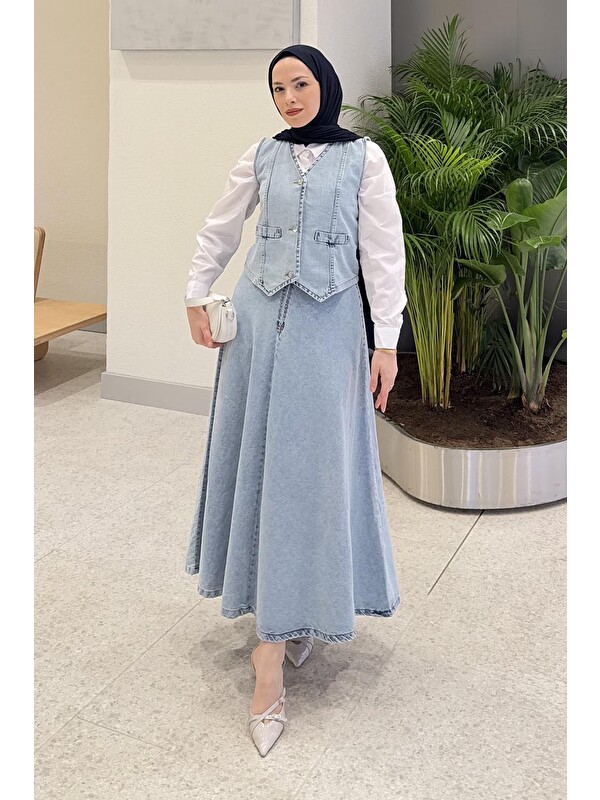 Lamelif Kruvaz Kapama Jean Etekli Takım Buz Mavisi