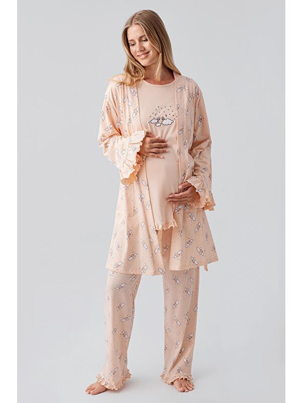 Artış Uzun Kollu Desenli Esnek Pamuklu Hamile Sabahlık Pijama Takım 18300