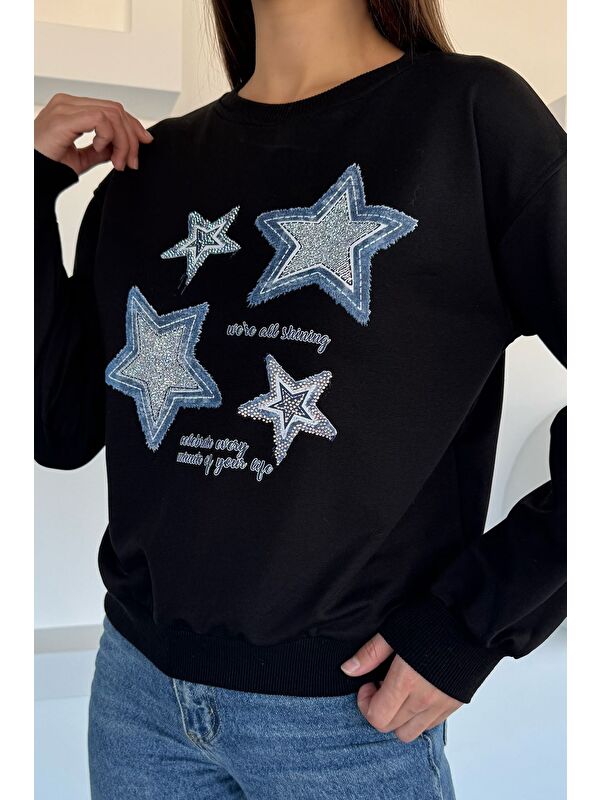 Gülseli Kadın Bisiklet Yaka Baskılı Taş İşlemeli Sweatshirt
