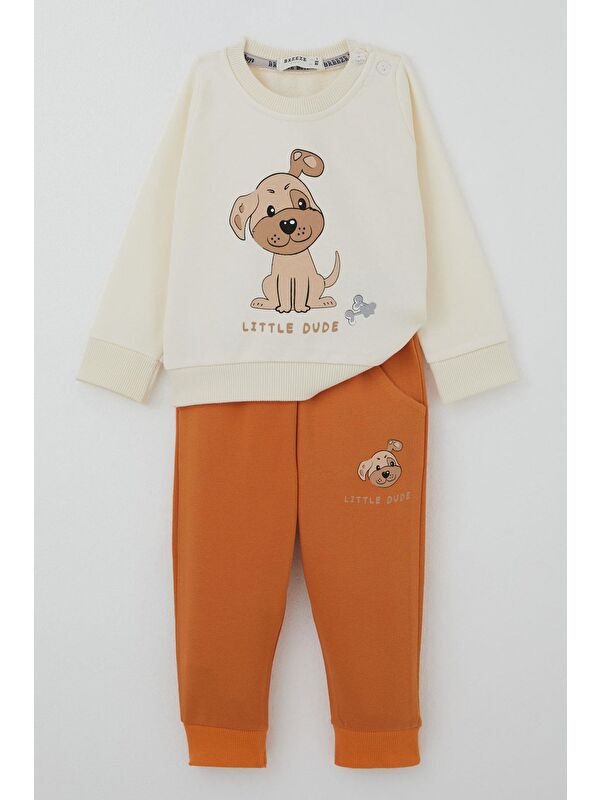 Breeze Erkek Bebek Eşofman Takımı Sevimli Köpekçik Baskılı Krem (6 Ay-2 Yaş)