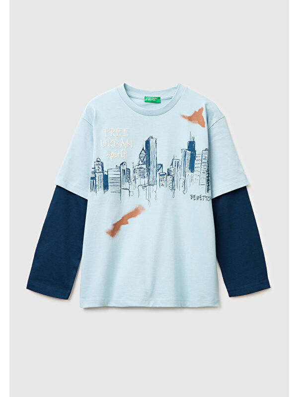 United Colors Of Benetton Erkek Çocuk Buz Mavisi Çift Kollu Baskılı Bisiklet Yaka T-Shirt