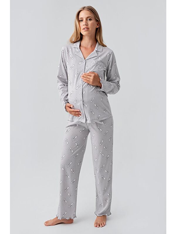 Artış Uzun Kollu Desenli Düğmeli Esnek Pamuklu Hamile Pijama Takım 18200