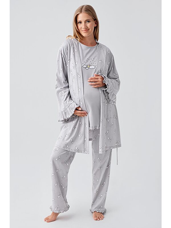 Artış Uzun Kollu Desenli Esnek Pamuklu Hamile Sabahlık Pijama Takım 18300