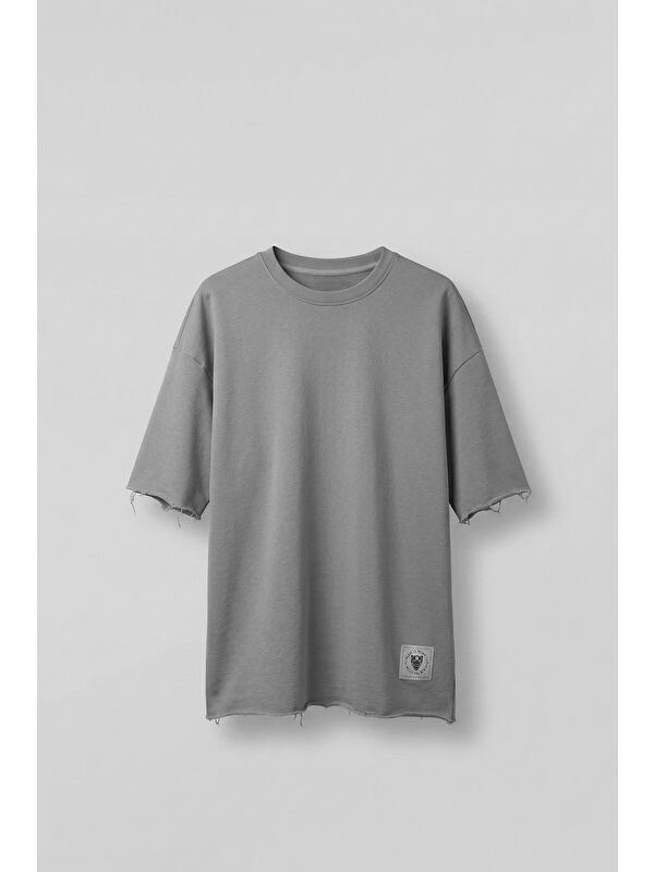Abluka Online Erkek Oversize Püskül Detaylı Basic Örme T-Shirt Gri