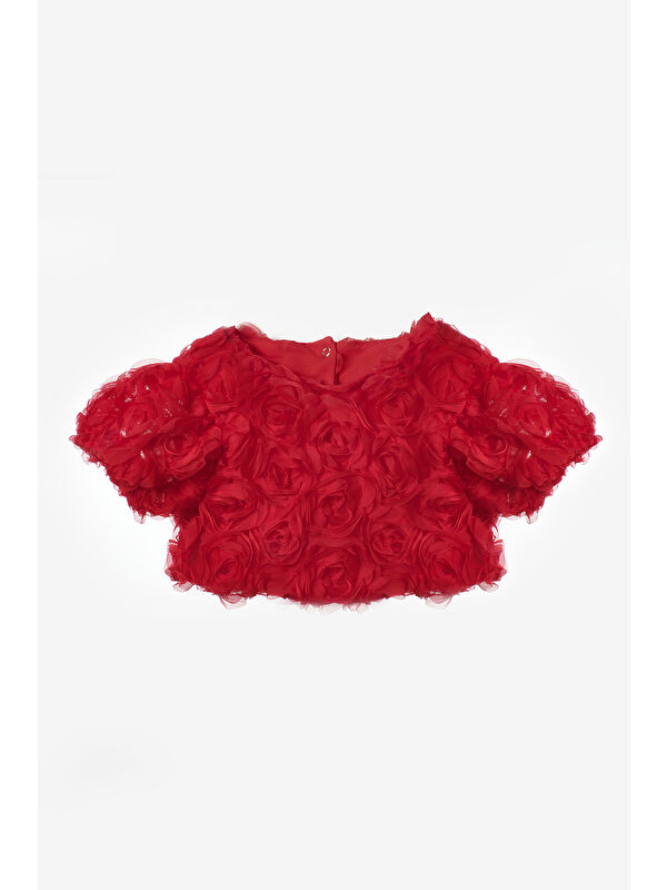 Le Mabelle Kırmızı Gül Aplike Detaylı Kız Çocuk Crop Bluz - Millie