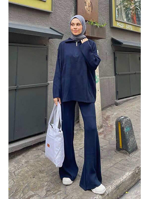 Lamelif Selanik Pantalonlu Tesettür Takım Lacivert