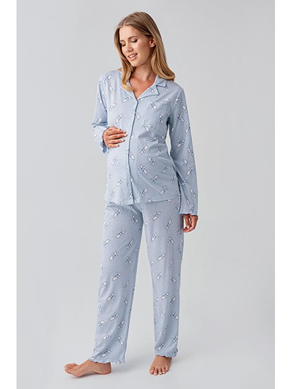Artış Uzun Kollu Desenli Düğmeli Esnek Pamuklu Hamile Pijama Takım 18200