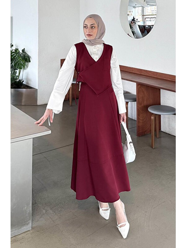 Lamelif Crop Yelek-Etekli İkili Takım Bordo