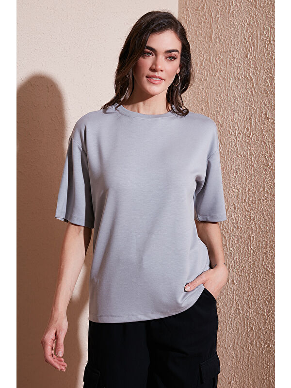 Lela Streç Oversize Fit Bisiklet Yaka Kadın T Shirt 5865911