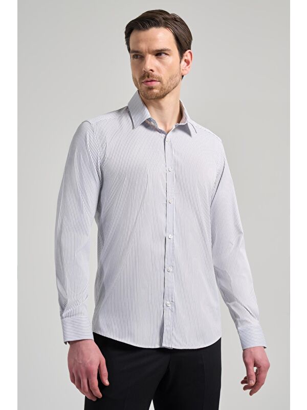 İMZA Beyaz Uzun Kol Desen Yarım İtalyan Yaka Cepsiz Esnek Classic Slim Fit Gömlek 1004245218