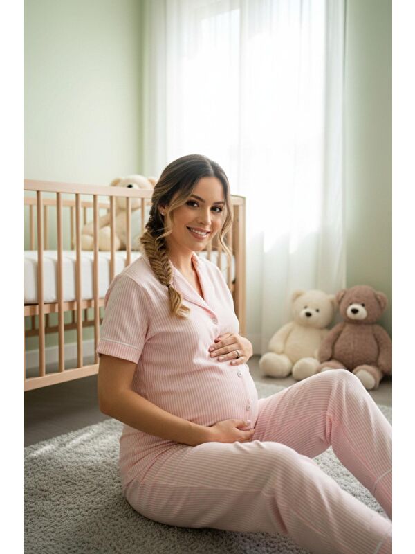 MİSS DÜNYA LİSSA Pure Comfort Önden Düğmeli Gömlek Yaka Çizgili Kısa Kol Hamile ve Lohusa Pijama Takımı