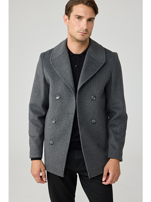 Danger Erkek Relaxed Fit Yün Kruvaze Kaşe Palto GRİ 4350DNGR