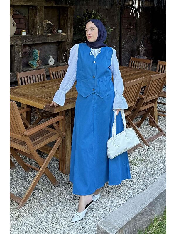 Lamelif Gabardin Yelek-Etek İkili Tesettür Takım Mavi