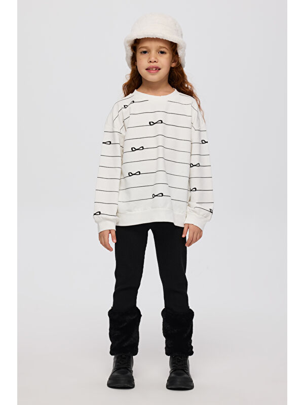 Panço Kız Çocuk Fiyonk Detaylı Ekru Sweatshirt