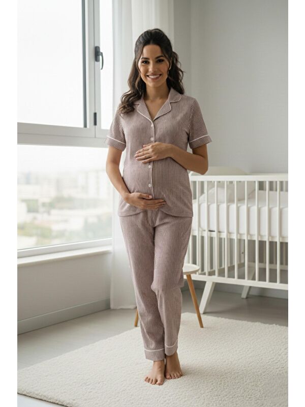 MİSS DÜNYA LİSSA Pure Comfort Önden Düğmeli Gömlek Yaka Çizgili Kısa Kol Hamile ve Lohusa Pijama Takımı
