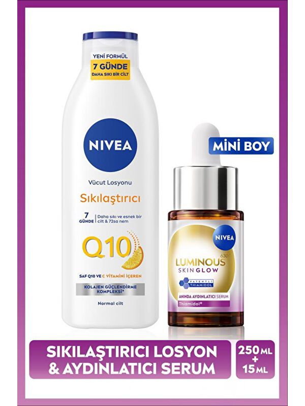 NIVEA Luminous630 Skin Glow Anında Aydınlatıcı Serum 15ml ve Q10 Sıkılaştırıcı Vücut Losyonu 250ml
