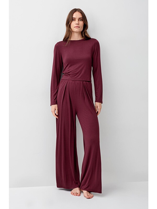 Artış Uzun Kollu Crop Bol Paça Esnek Elastanlı Viskoz Soft Pijama Takım 18210